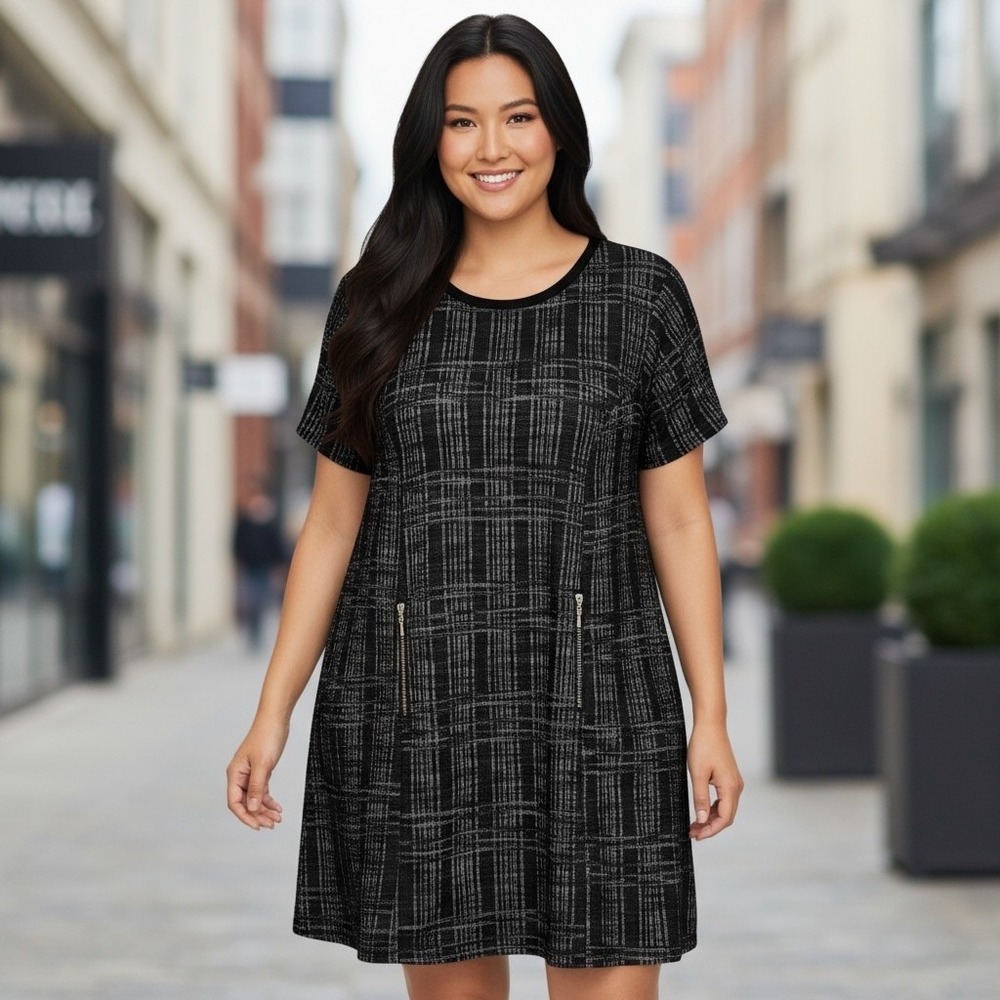 Sharagano Woman 22W Black Gray Plaid Dress A-Line Career Casual Zip‎ Pockets